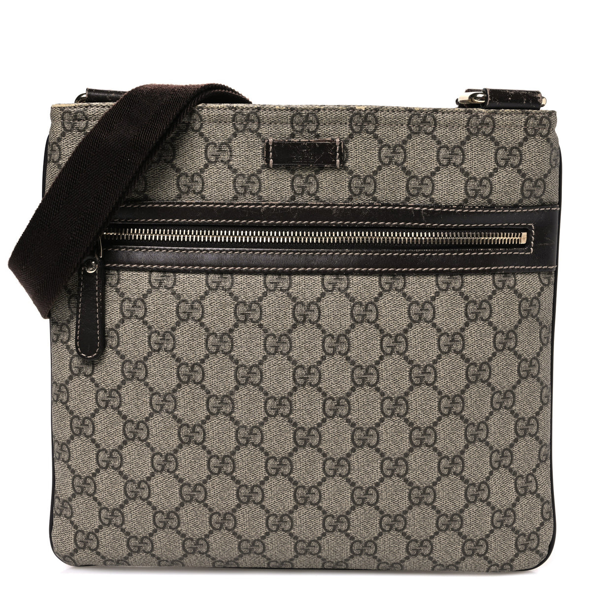Gucci GG Supreme Monogram Selleria Calfskin Small Flat Side Zip Messenger Bag Beige Ebony Cocoa Dark Chocolate 1 of 10