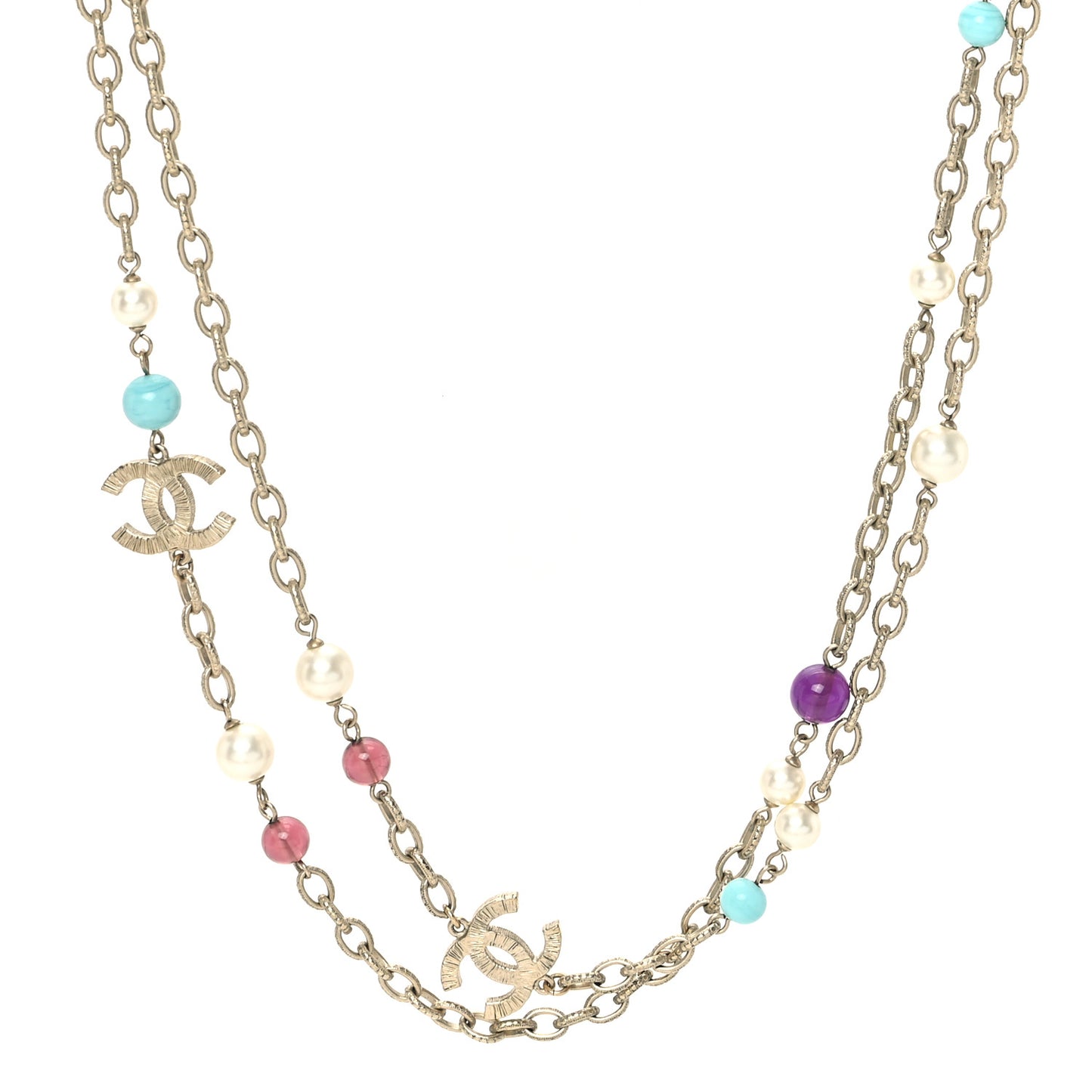 Pearl Beaded CC Long Necklace Gold Multicolor