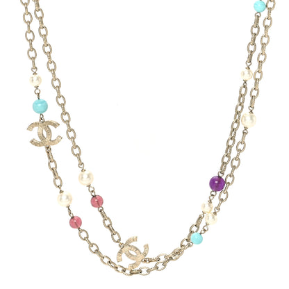 Chanel Pearl Beaded CC Long Necklace Gold Multicolor 1 of 5
