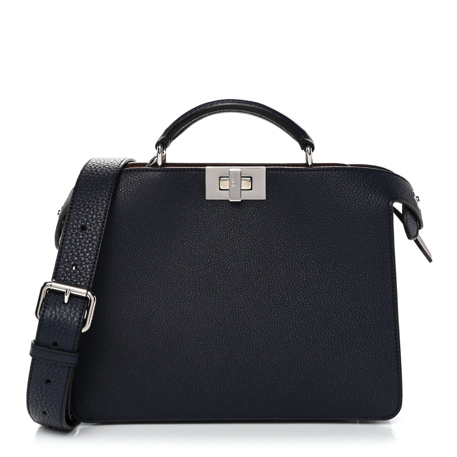 Fendi Cuoio Romano Vitello Cover Glazed Fabric Bi-Color FF 1974 Mini Peekaboo I SEE U Satchel Blue Dark Brown Tobacco Moro 1 of 10