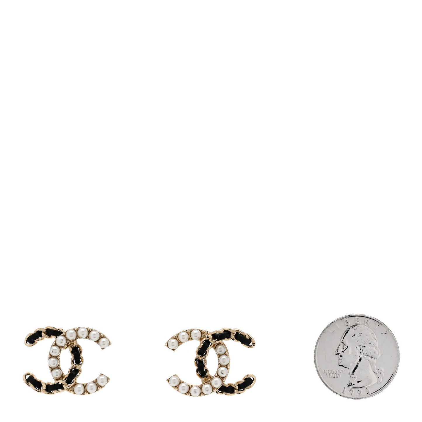 Pearl Lambskin Chain CC Stud Earrings Gold Black