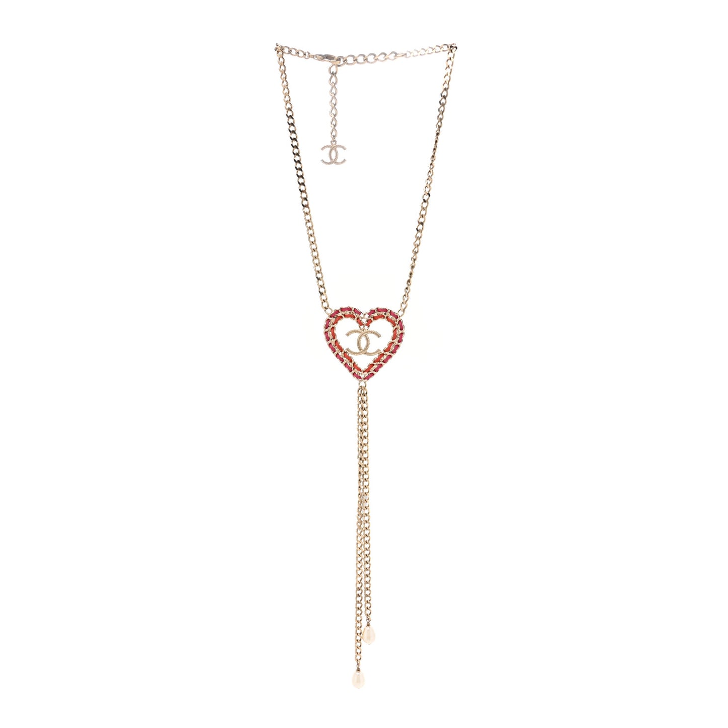 Lambskin Chain Pearl CC Heart Necklace Gold Red Pink Pearly White