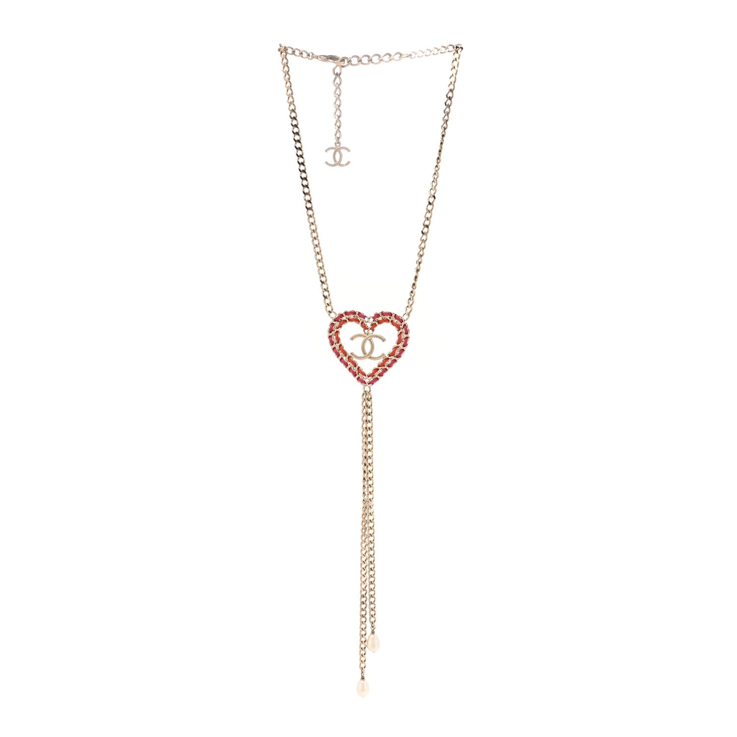 Chanel Lambskin Chain Pearl CC Heart Necklace Gold Red Pink Pearly White 3 of 5