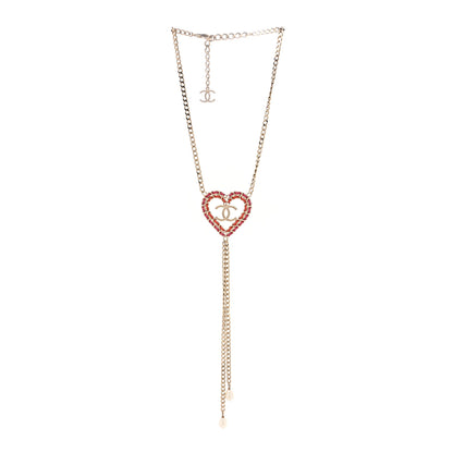 Chanel Lambskin Chain Pearl CC Heart Necklace Gold Red Pink Pearly White 3 of 5