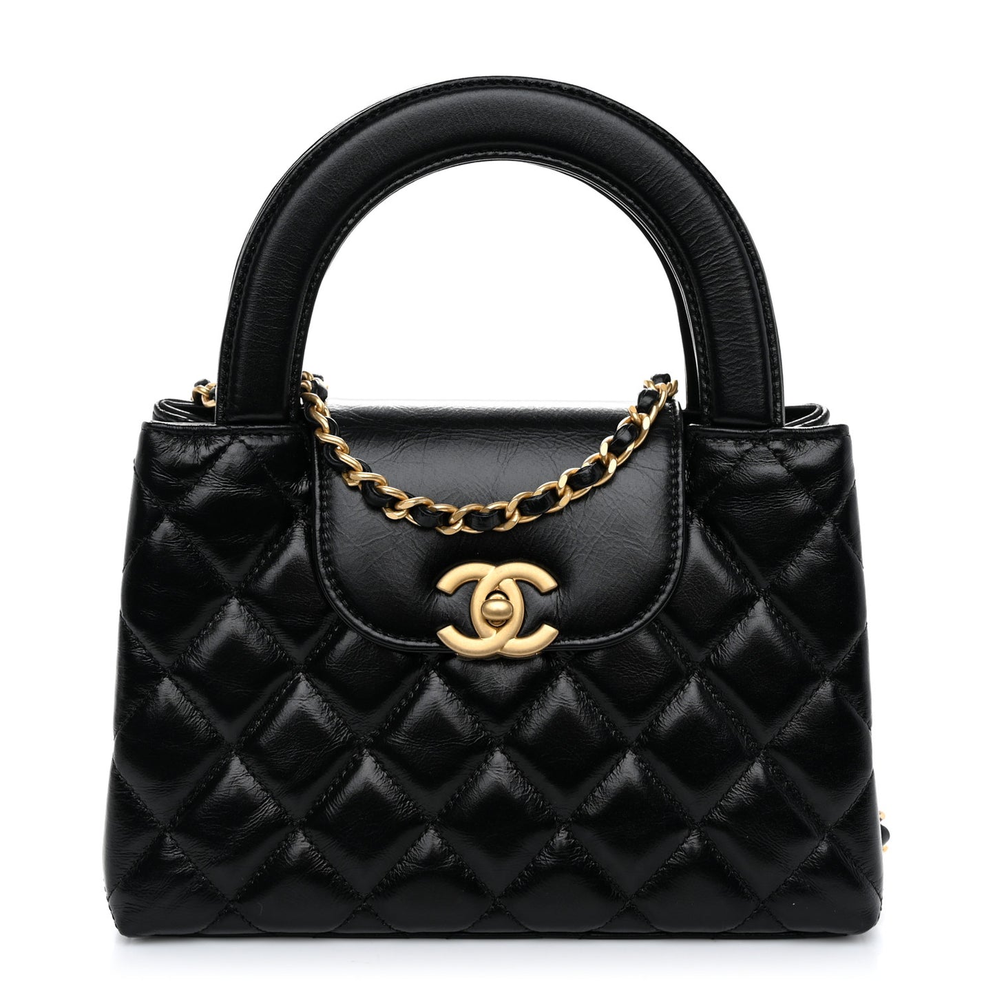 Shiny Aged Calfskin Quilted Nano Kelly Shopper Black