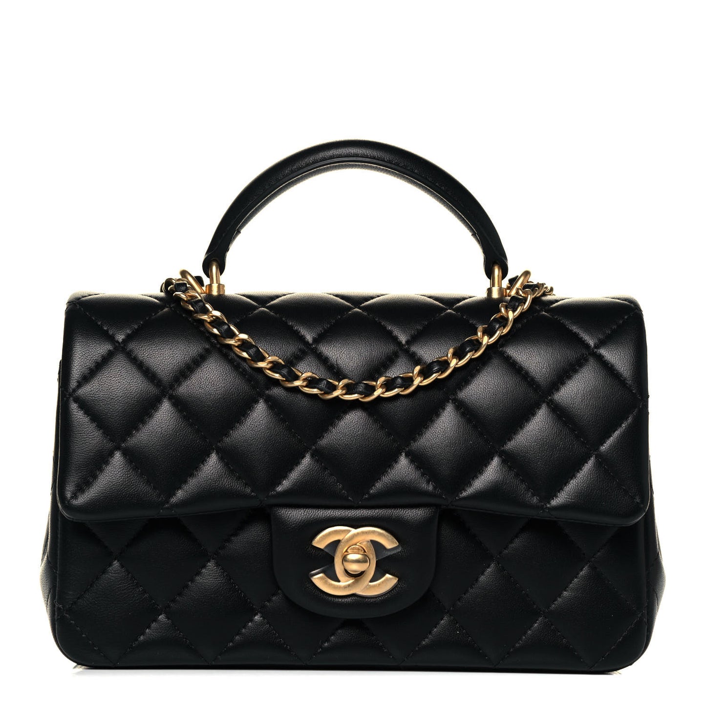 Lambskin Quilted Mini Top Handle Rectangular Flap Black