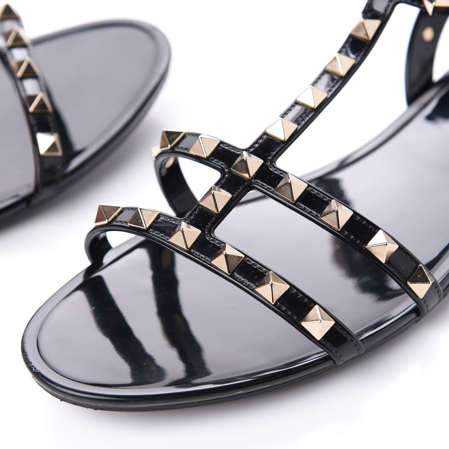 Patent Rockstud T-Strap Slingback Flat Sandals 41 Black