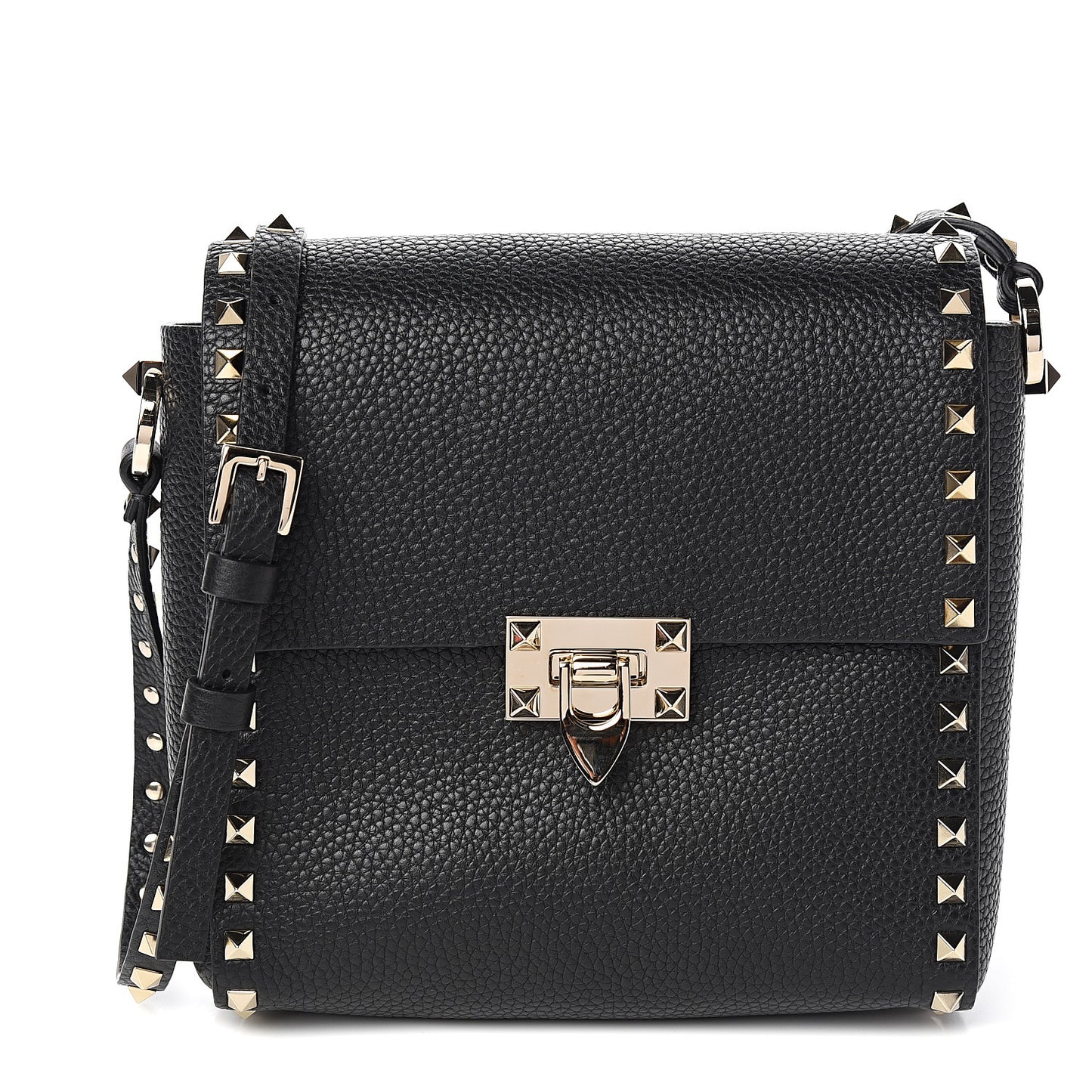 Pebbled Calfskin Rockstud Flip Lock Flap Messenger Black