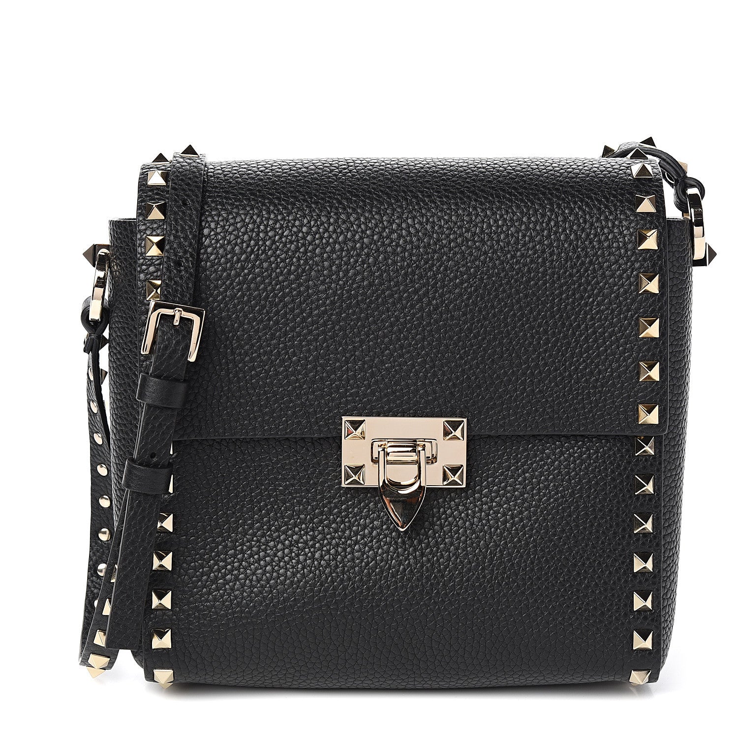 Valentino Garavani Pebbled Calfskin Rockstud Flip Lock Flap Messenger Black 1 of 8