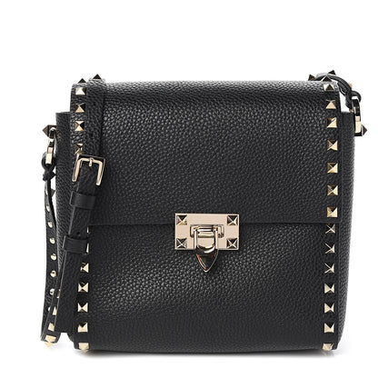 Valentino Garavani Pebbled Calfskin Rockstud Flip Lock Flap Messenger Black 1 of 8