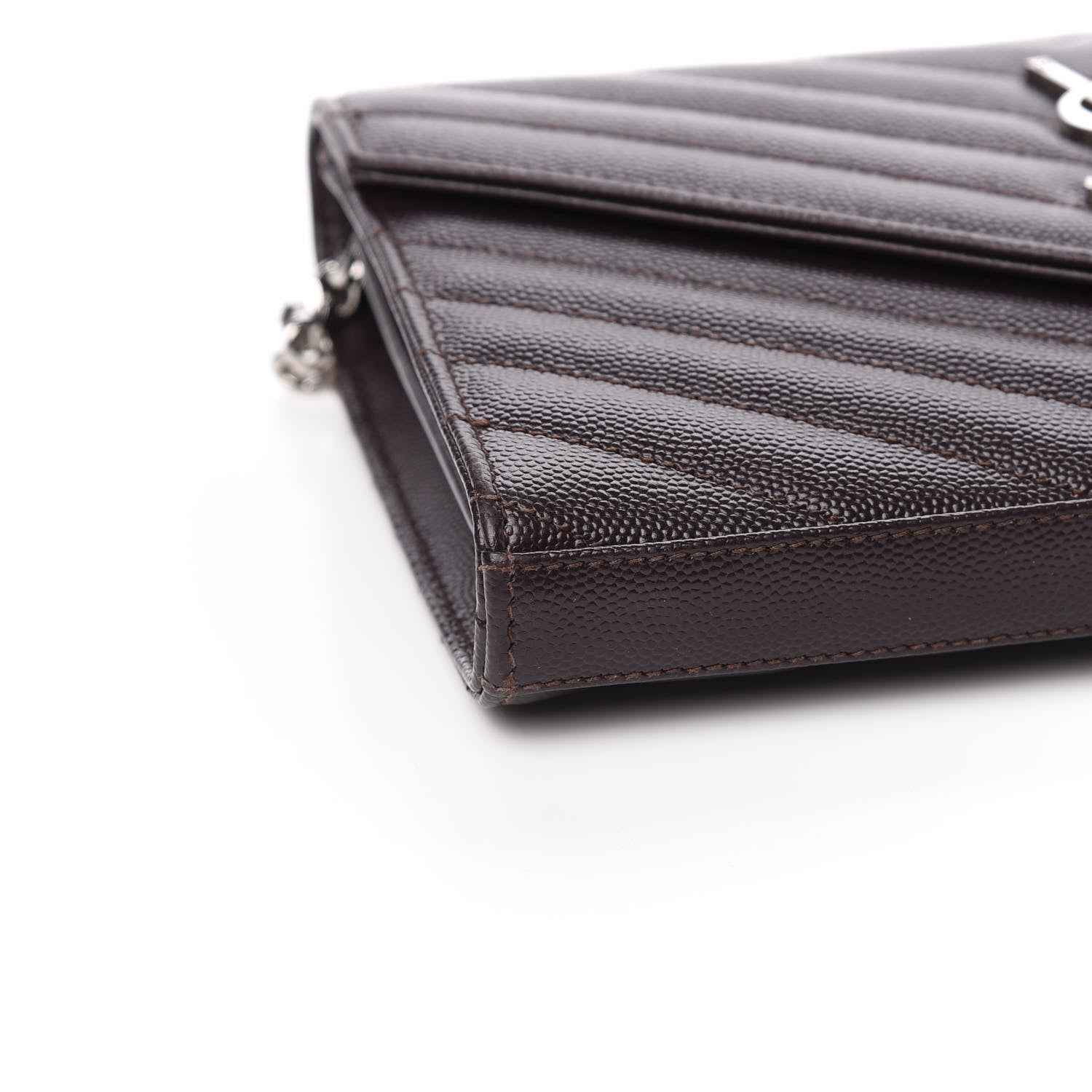 Saint Laurent Grain De Poudre Matelasse Chevron Monogram Chain Wallet Dark Brown 8 of 11