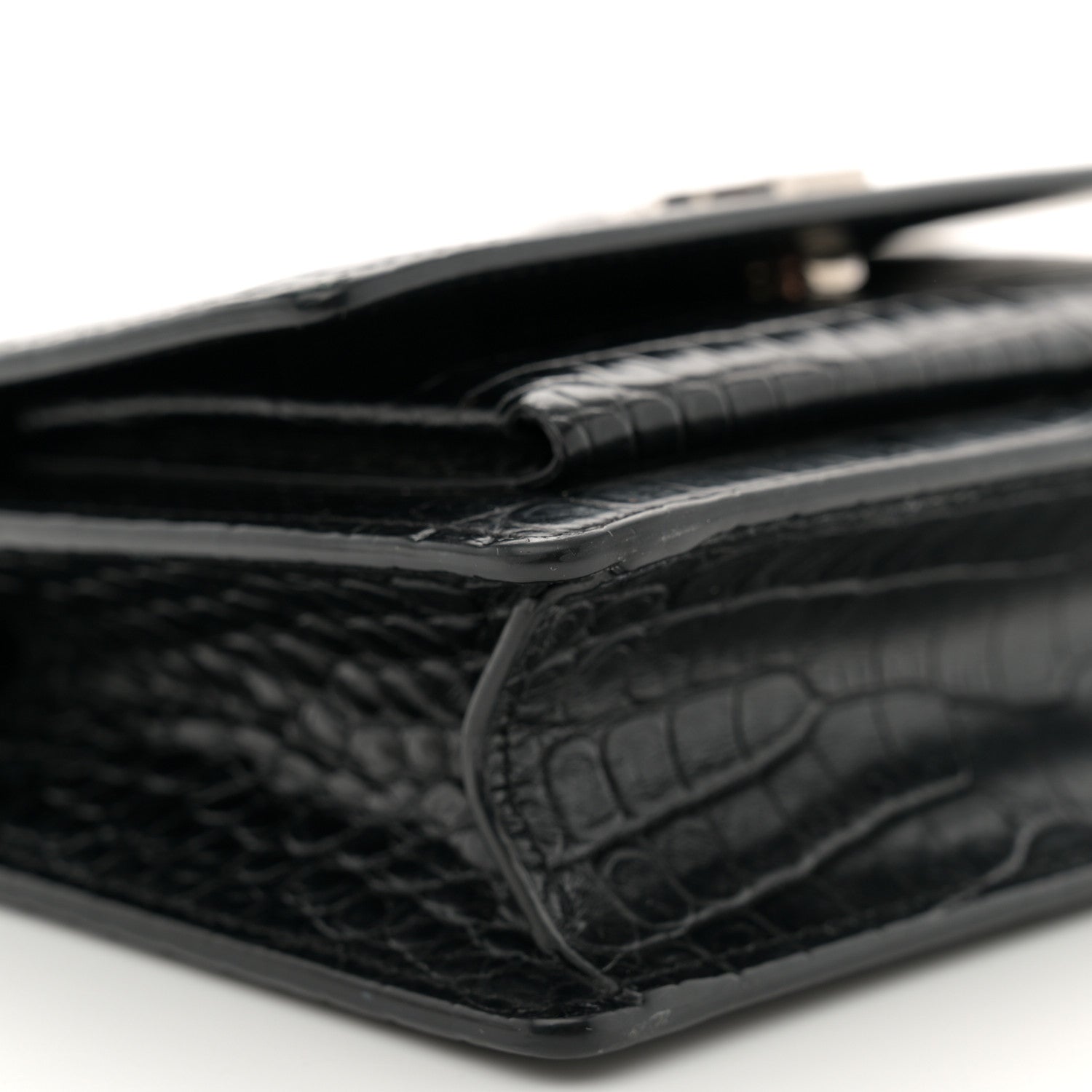 Saint Laurent Calfskin Crocodile Embossed Monogram Sunset Chain Wallet Black 8 of 13