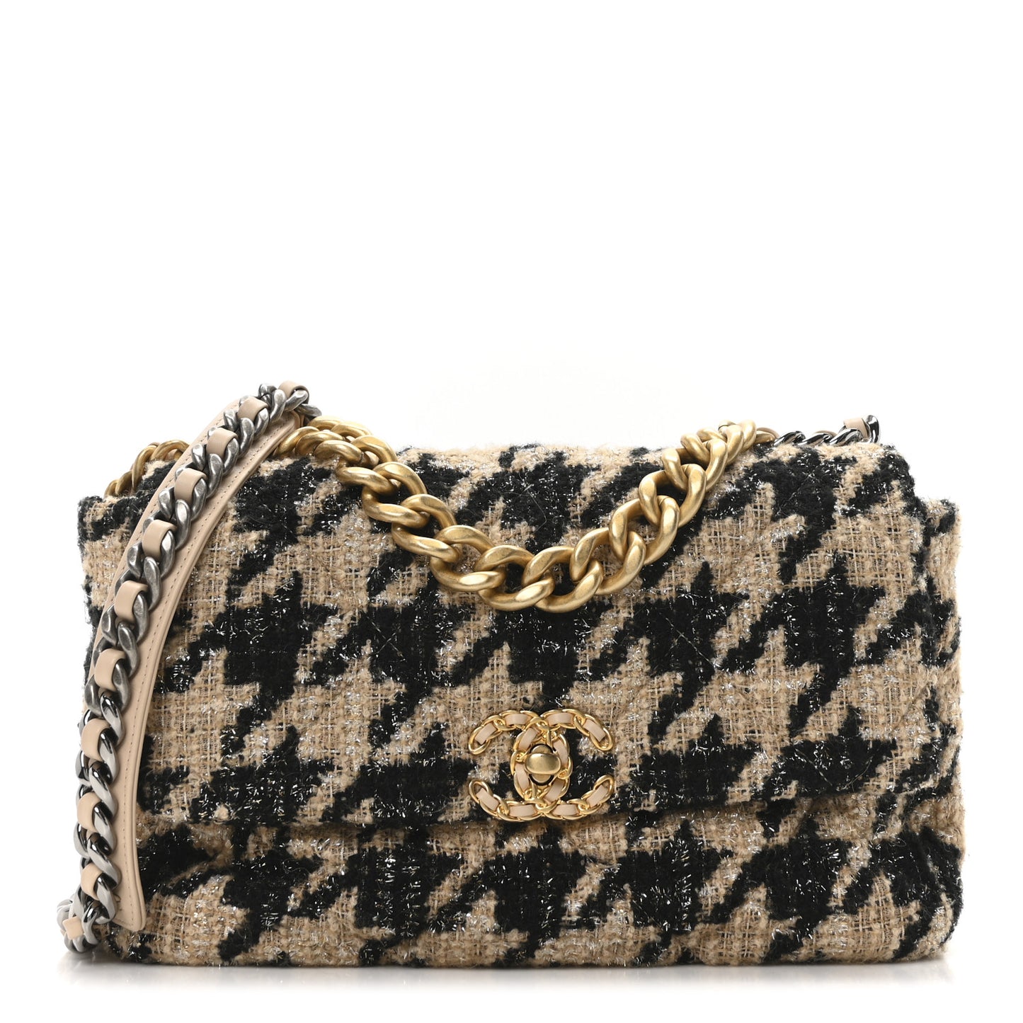 Tweed Large Chanel 19 Flap Beige Black