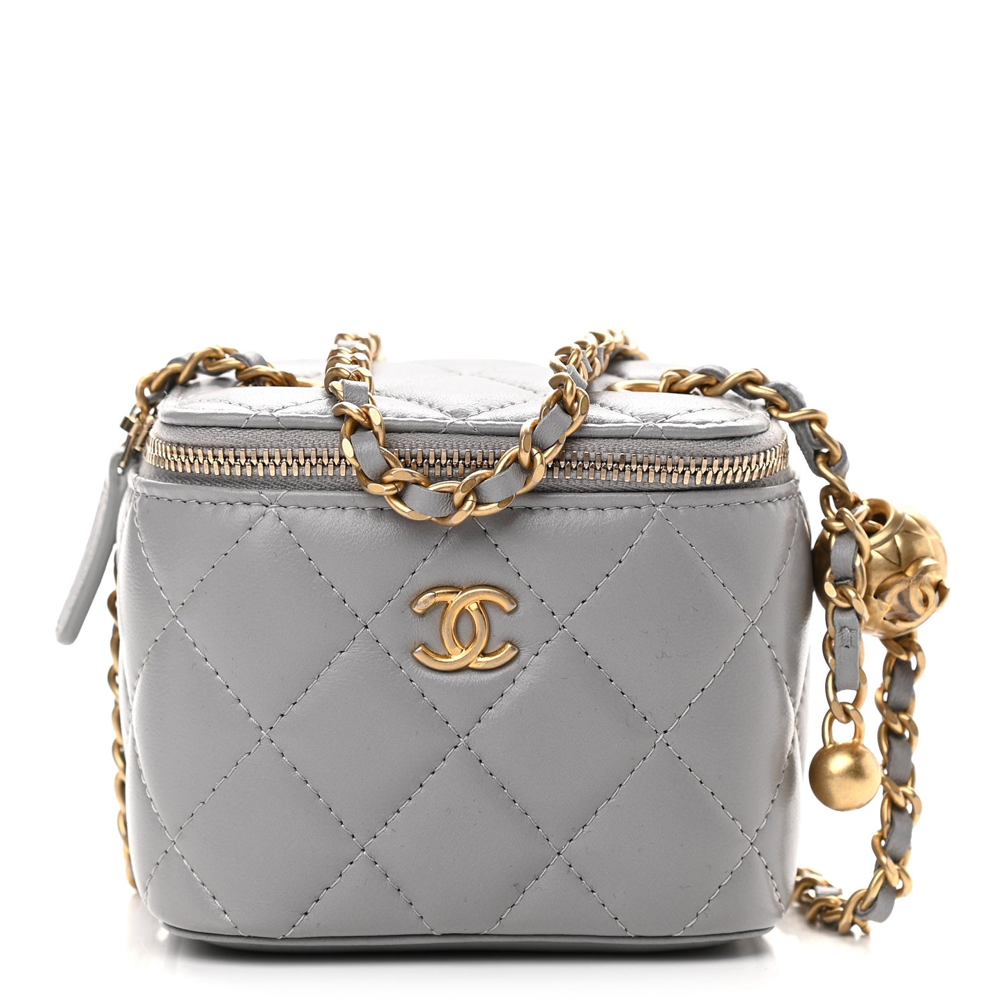 Lambskin Quilted Pearl Crush Mini Vanity Case With Chain Grey