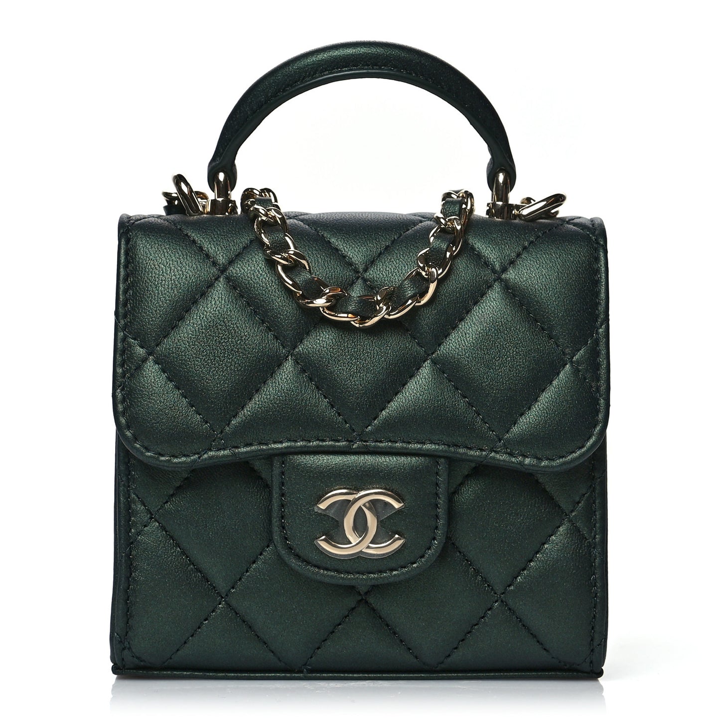 Iridescent Lambskin Quilted Top Handle Flap Clutch With Chain Dark Green