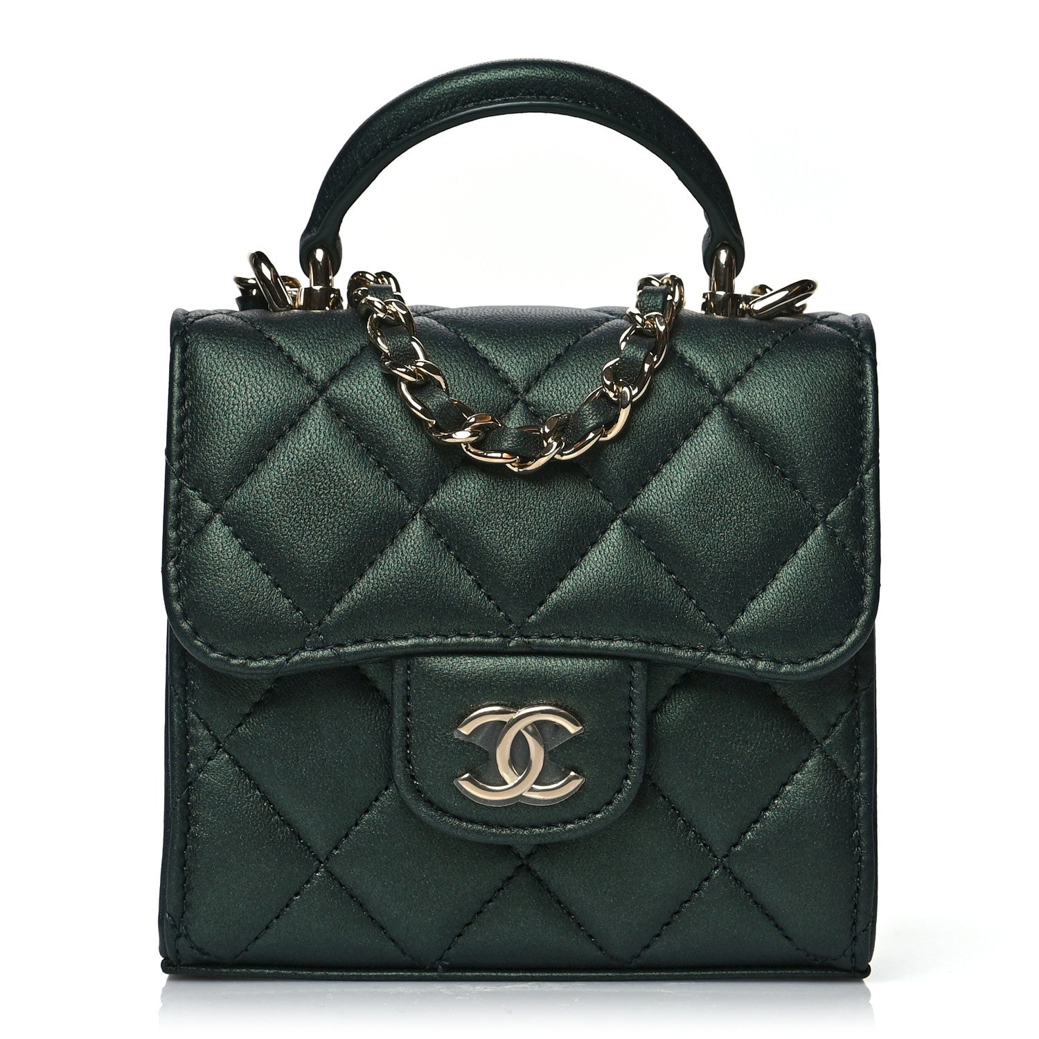 Chanel Iridescent Lambskin Quilted Top Handle Flap Clutch With Chain Dark Green 1 of 10