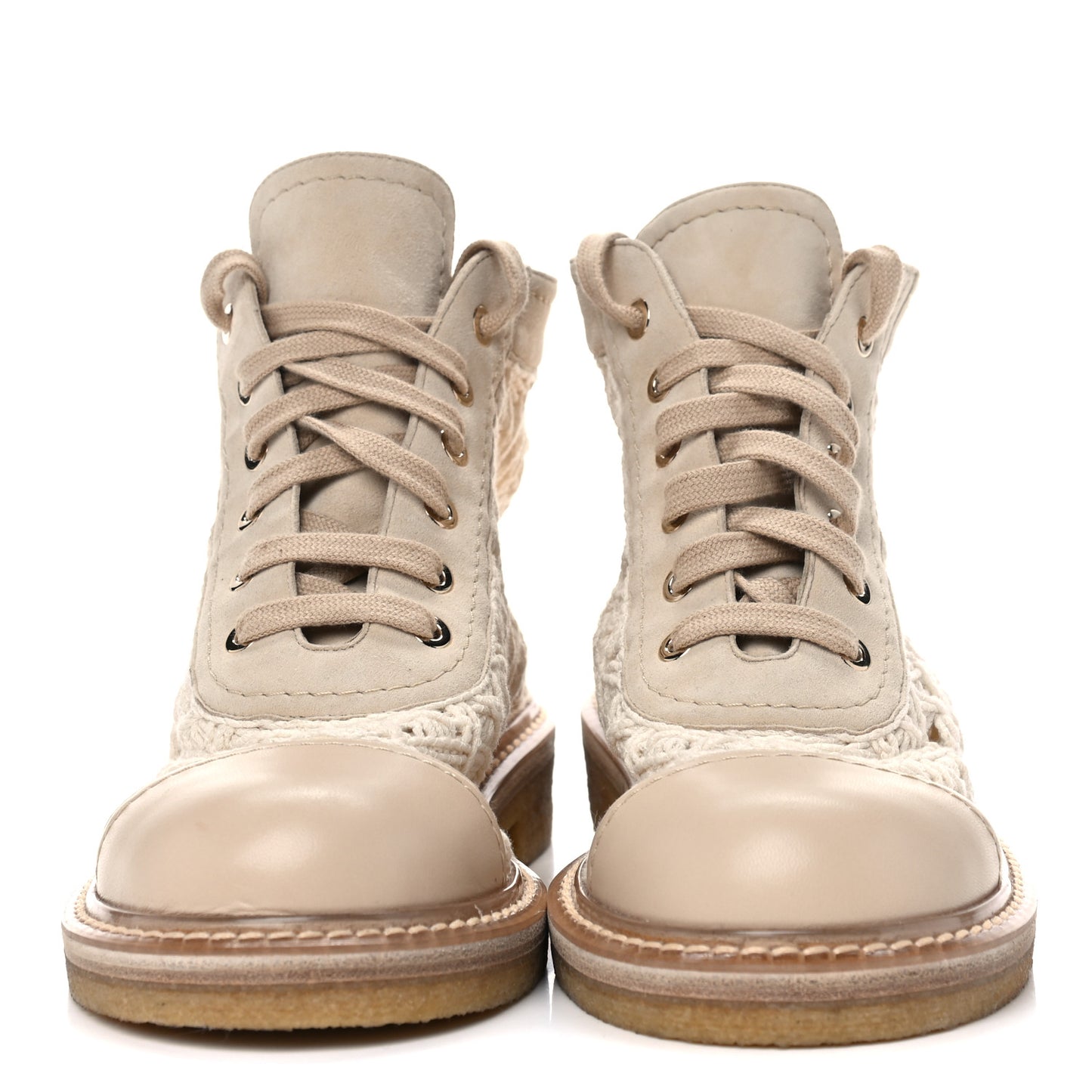 Crochet Calfskin Lace Up Boots 38 Beige