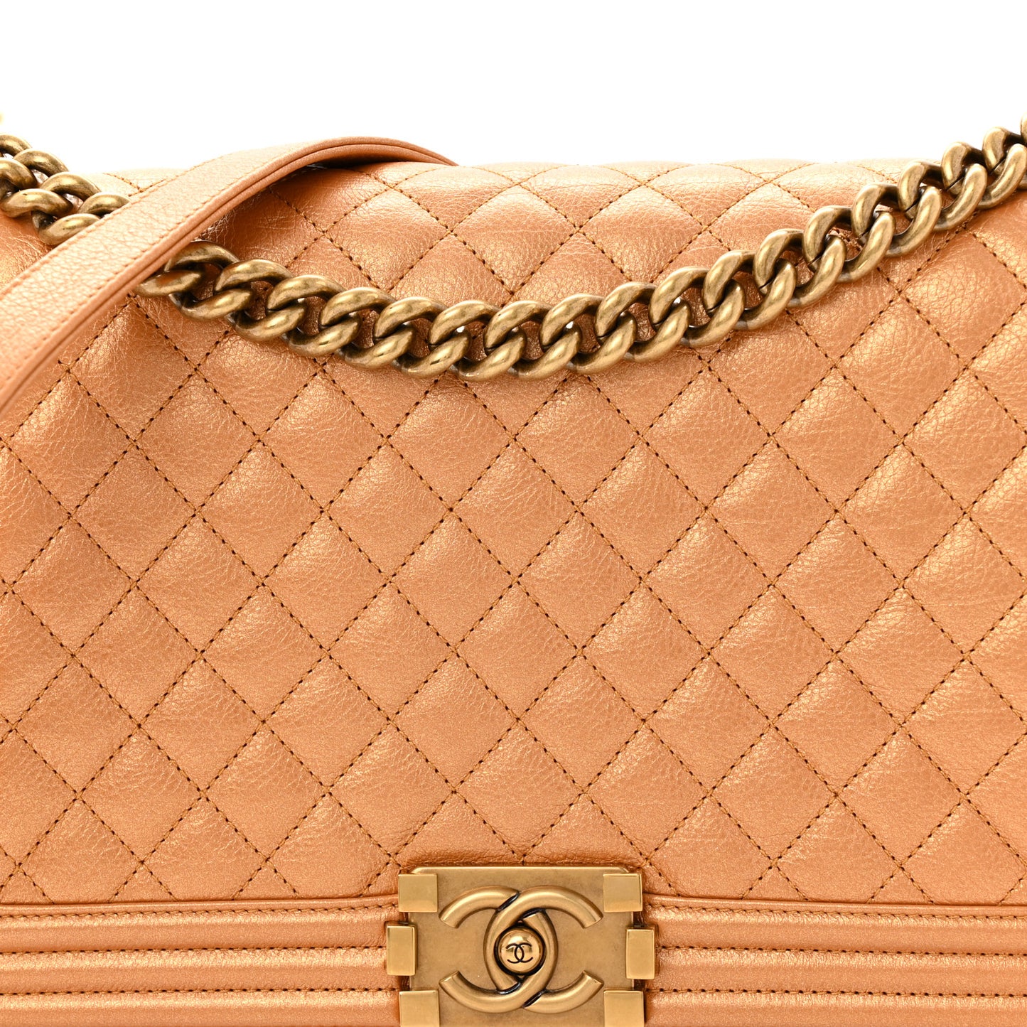Metallic Calfskin Quilted New Medium Boy Flap Dark Gold