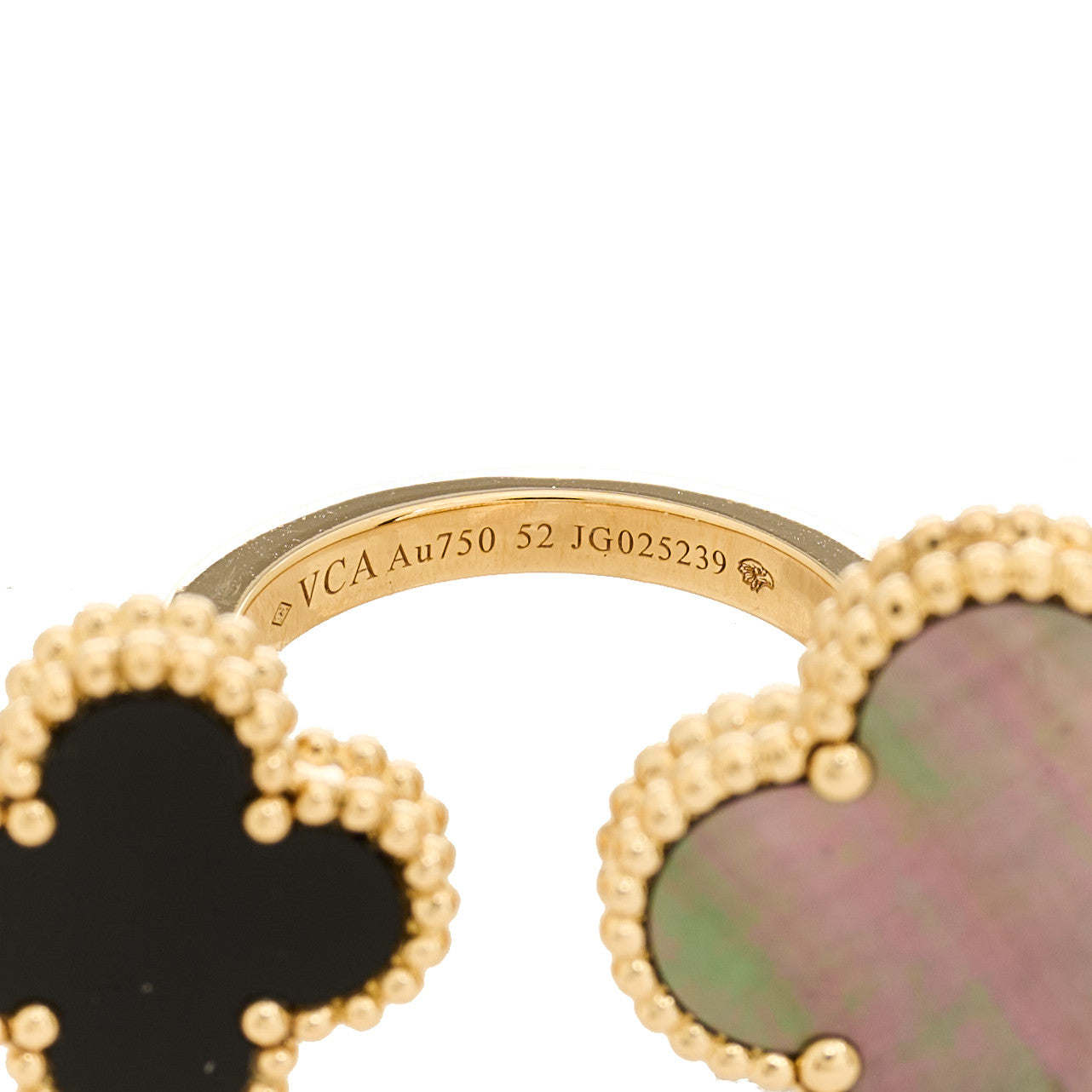 18K Yellow Gold Grey Mother of Pearl Black Onyx Magic Alhambra Between the Finger Ring 52 6