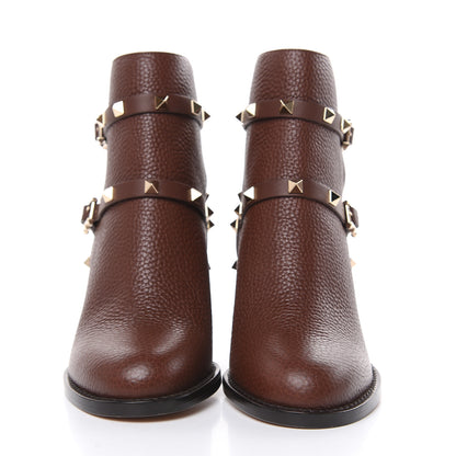 Valentino Garavani Pebbled Calfskin Rockstud Double Buckle 70mm Block Heel Ankle Boots 35 Light Brown 2 of 9
