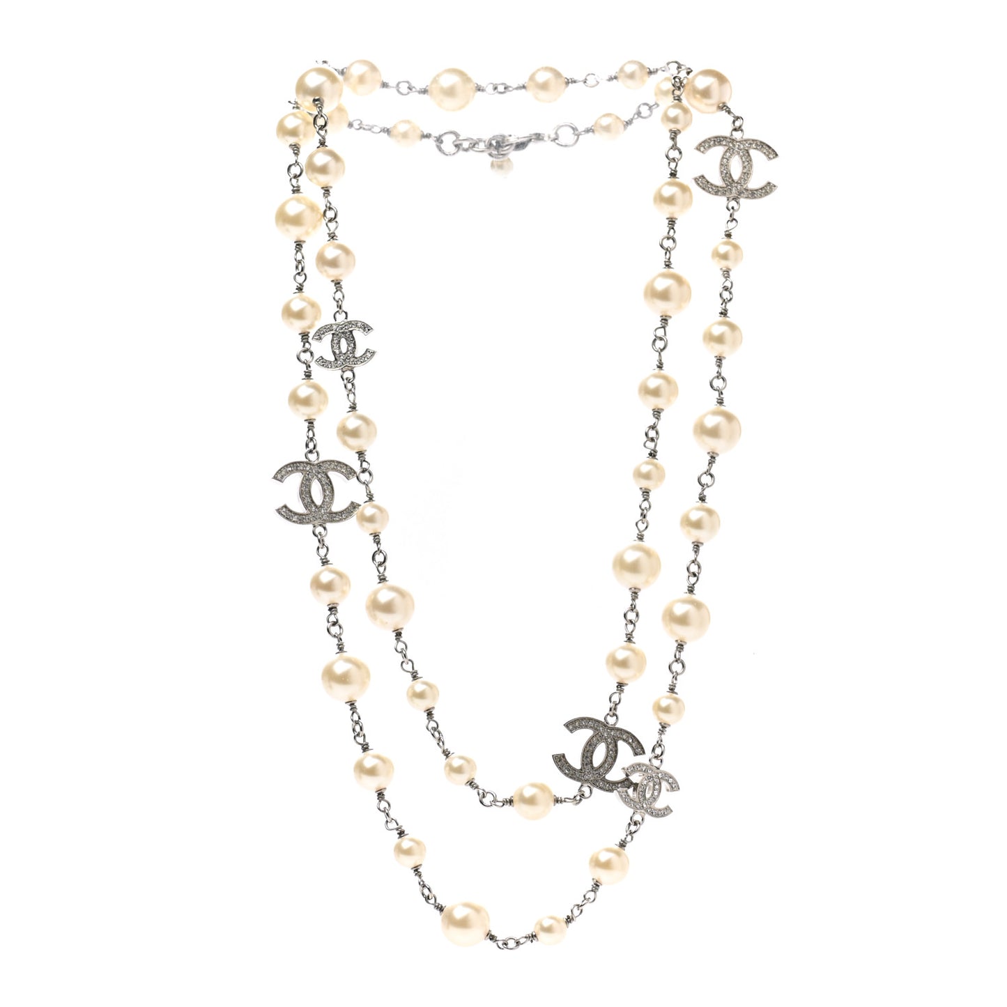 Graduated Pearl Crystal CC Long Necklace Silver