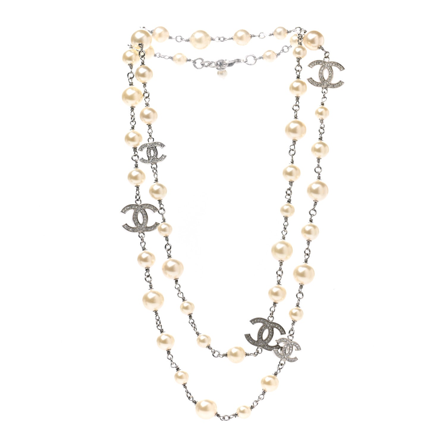 Chanel Graduated Pearl Crystal CC Long Necklace Silver 3 of 5