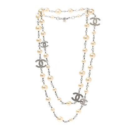Chanel Graduated Pearl Crystal CC Long Necklace Silver 3 of 5