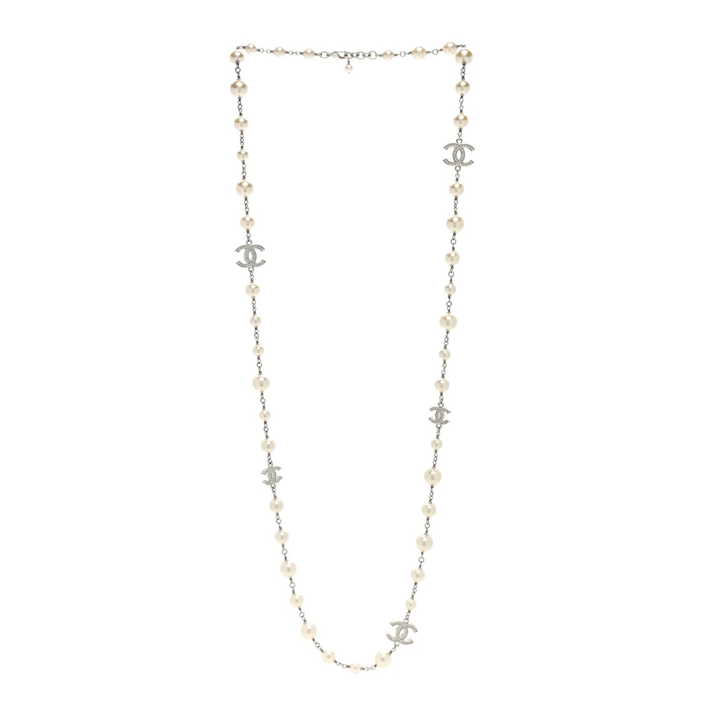 Graduated Pearl Crystal CC Long Necklace Silver