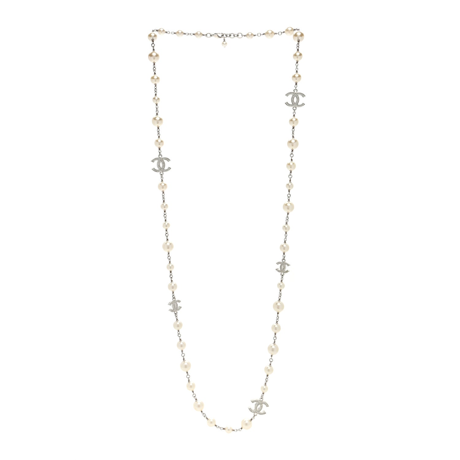 Chanel Graduated Pearl Crystal CC Long Necklace Silver 2 of 4