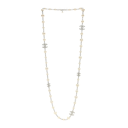 Chanel Graduated Pearl Crystal CC Long Necklace Silver 2 of 4