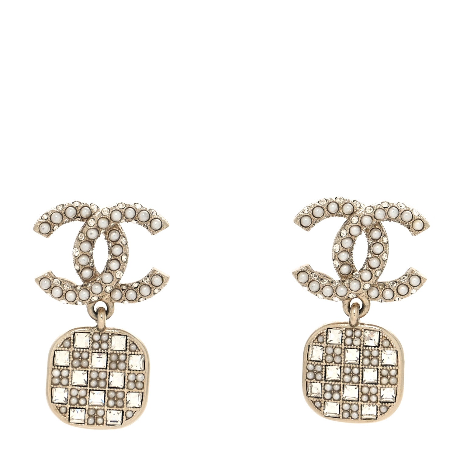 Chanel Pearl Baguette Crystal CC Drop Earrings Gold 1 of 5