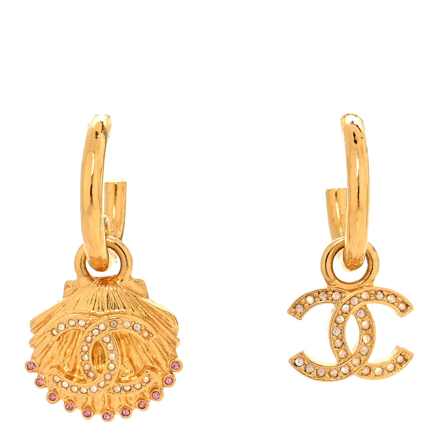Chanel Crystal CC Shell Hoop Earrings Gold Pink 1 of 5