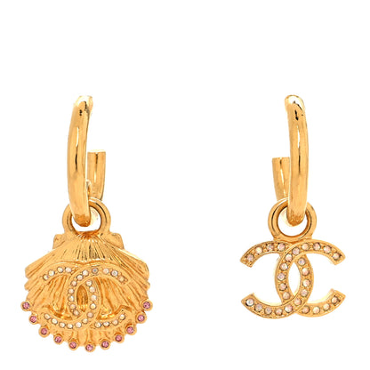 Chanel Crystal CC Shell Hoop Earrings Gold Pink 1 of 5