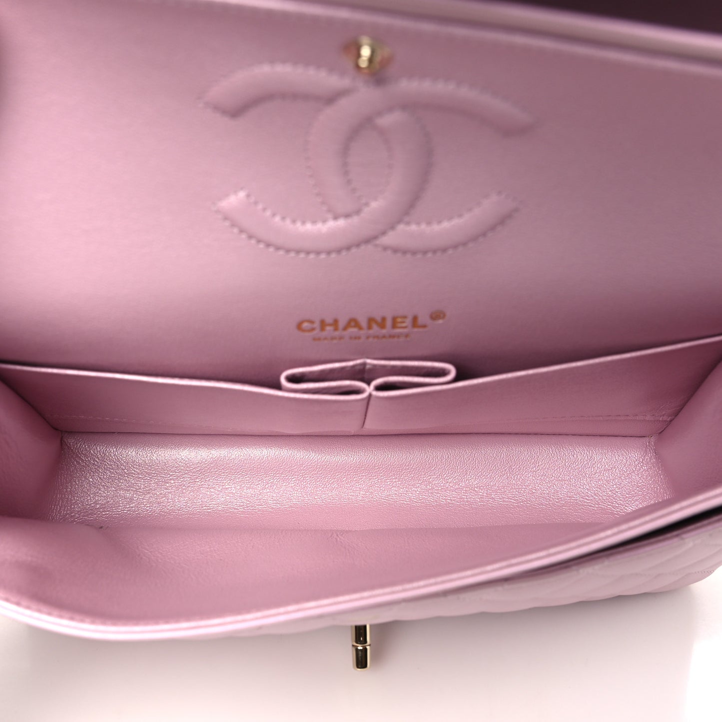 Iridescent Calfskin Quilted Medium Double Flap Light Pink