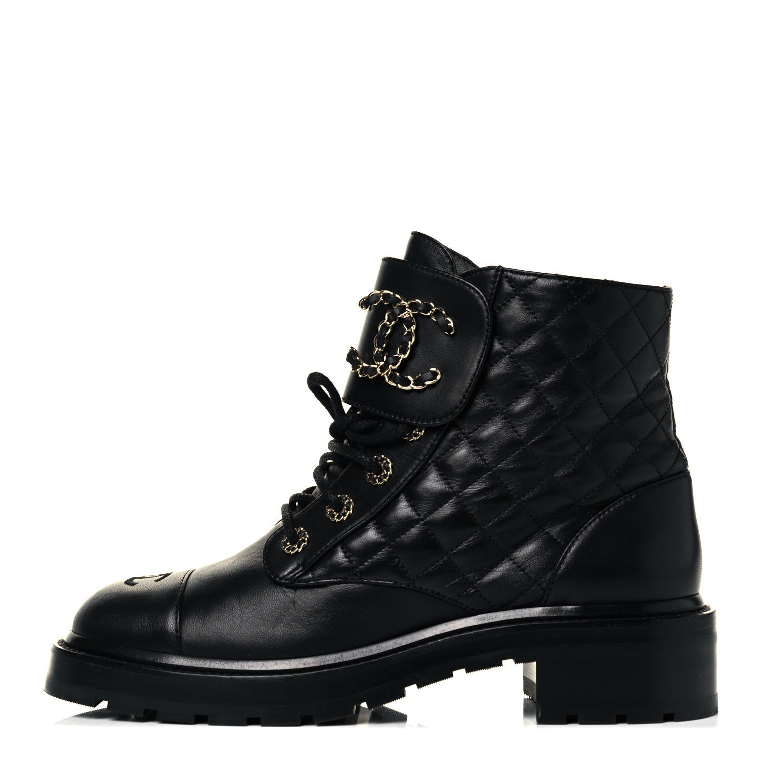 Chanel Shiny Lambskin Quilted Lace Up Combat Boots 41 Black 1 of 7