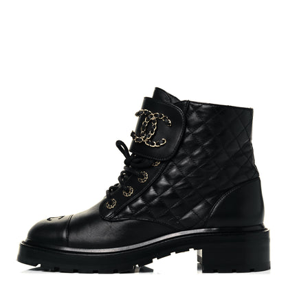 Chanel Shiny Lambskin Quilted Lace Up Combat Boots 41 Black 1 of 7