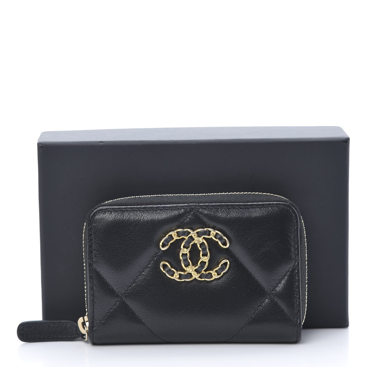 Chanel Shiny Goatskin Quilted Chanel 19 Zip Around Coin Purse Wallet Black 8 of 8