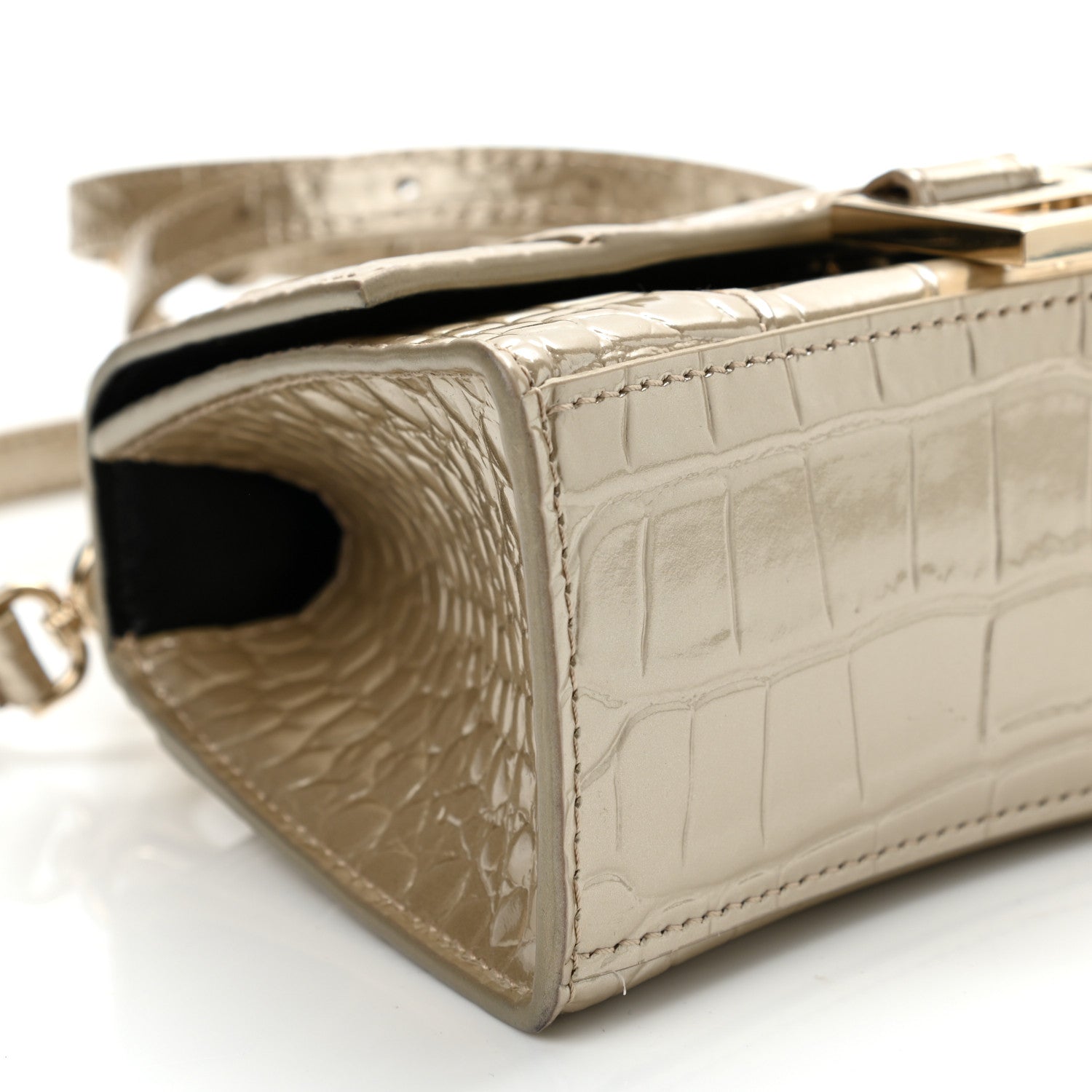 Balenciaga Metallic Shiny Calfskin Crocodile Embossed Hourglass Top Handle Bag XS Light Gold 10 of 13