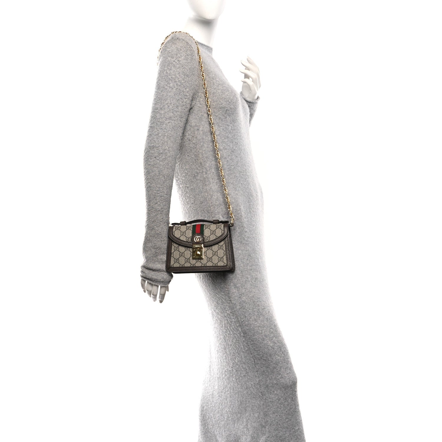 Gucci GG Supreme Monogram Textured Dollar Calfskin Web Mini Ophidia Padlock Top Handle Chain Shoulder Bag Beige Ebony New Acero 2 of 10