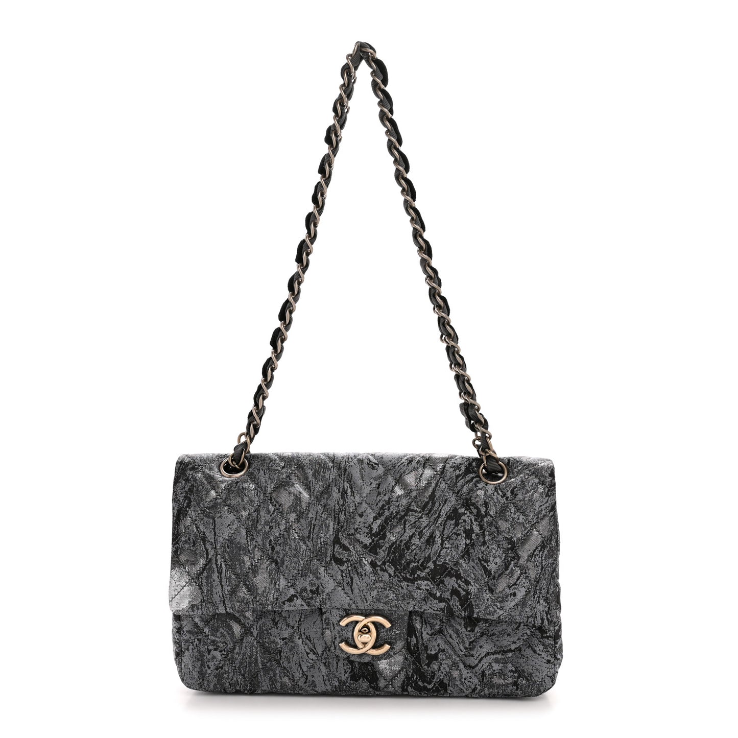 Metallic Brocade Quilted Medium Double Flap Dark Grey