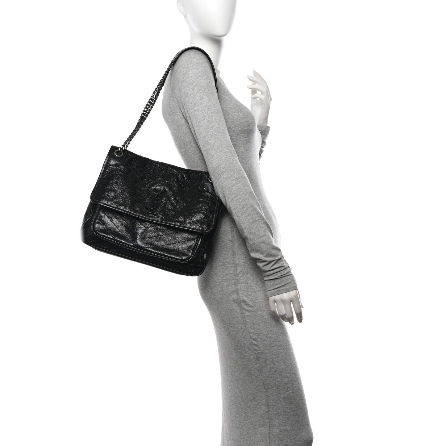 Crinkled Calfskin Matelasse Monogram Medium Niki Chain Satchel Black