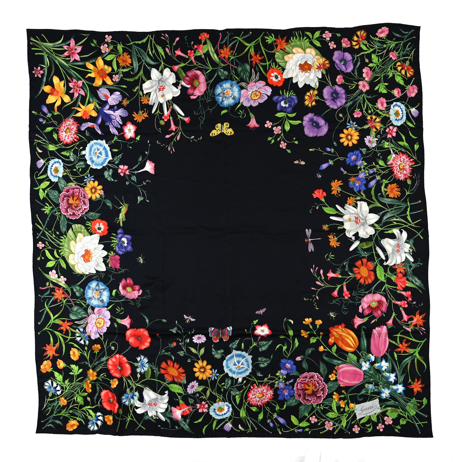 Gucci Silk Floral Print Scarf Black Multicolor 1 of 3