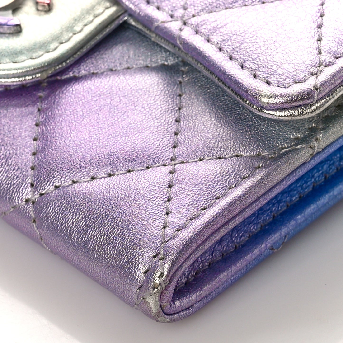 Gradient Metallic Calfskin Quilted Flap Card Holder Wallet Silver Blue Yellow Purple