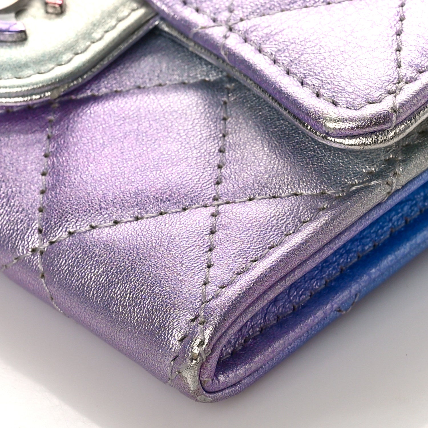 Chanel Gradient Metallic Calfskin Quilted Flap Card Holder Wallet Silver Blue Yellow Purple 9 of 10