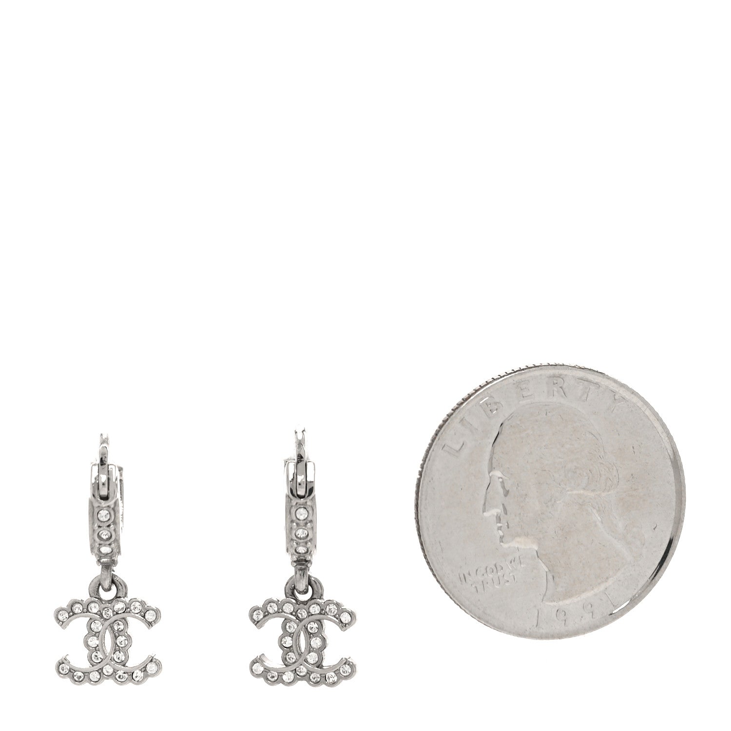 Chanel Metal Crystal CC Hoop Drop Earrings Silver 2 of 4