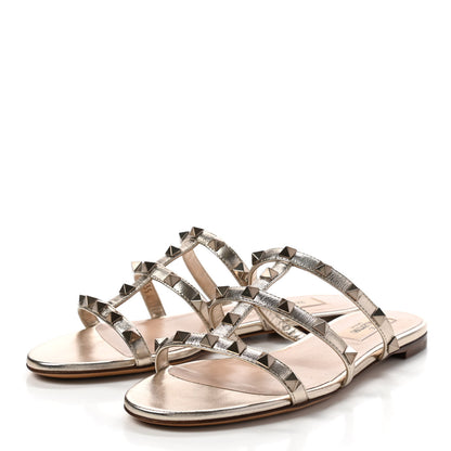 Valentino Garavani Metallic Nappa Rockstud Caged Flat Slide Sandals 35 Skin 3 of 8