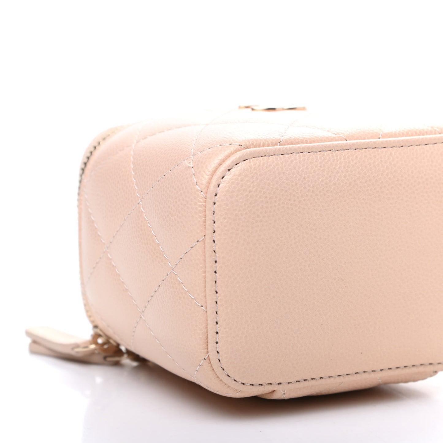 Iridescent Caviar Quilted Mini Pearl On Top Vanity Case With Chain Beige