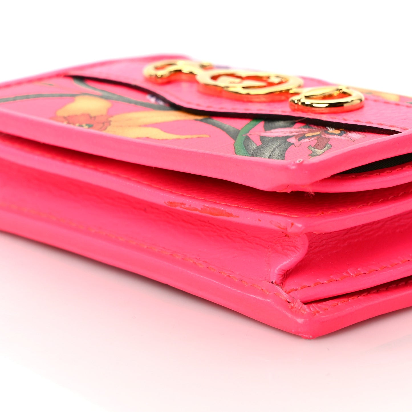 Calfskin Flora Print Zumi Card Case Fuxia Fluo