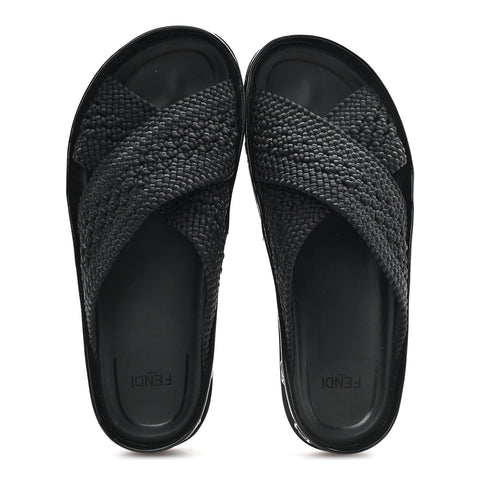 Raffia Rubber FF Woven Reflections Crisscross Slide Sandals 39 Black