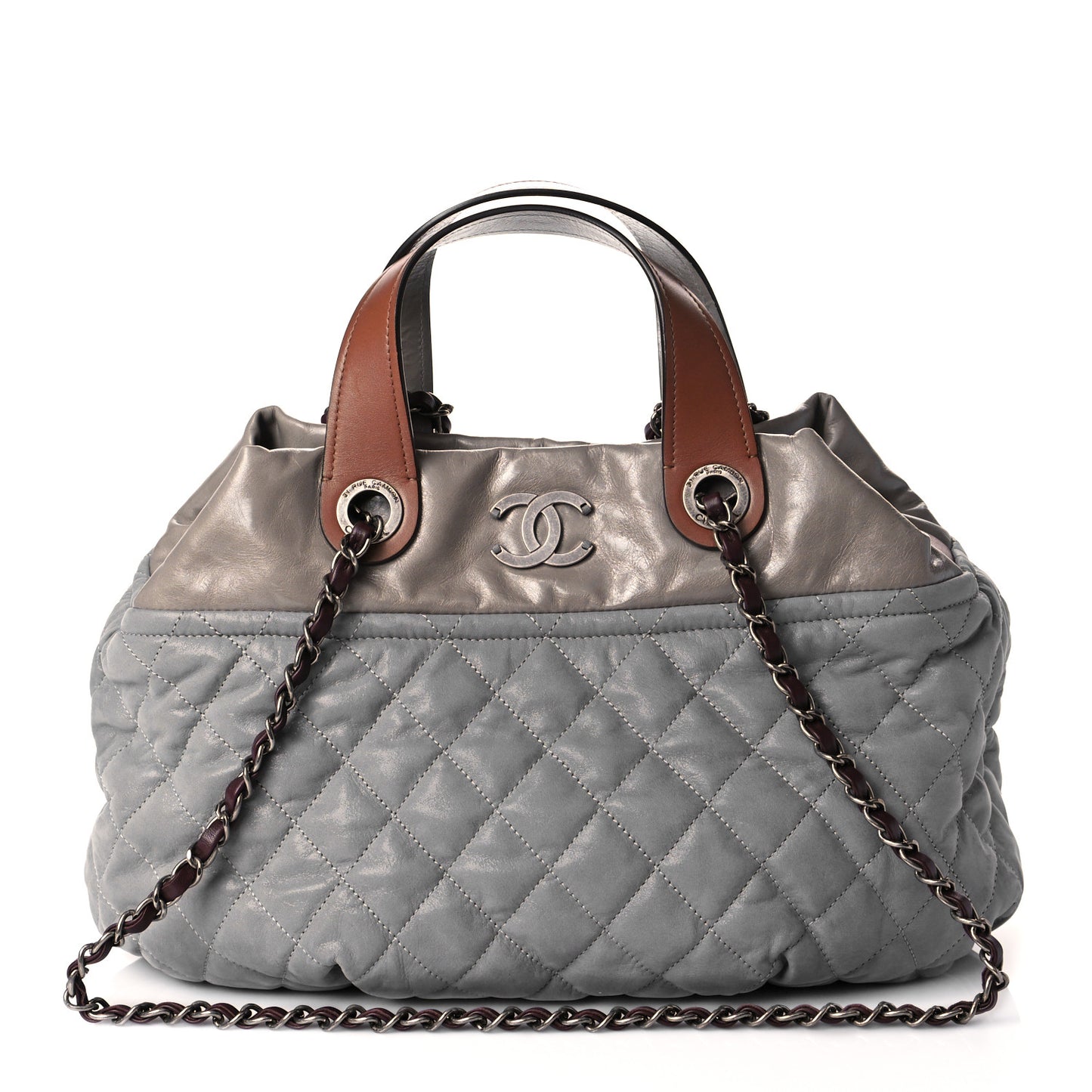 Iridescent Calfskin Quilted Small In The Mix Tote Grey